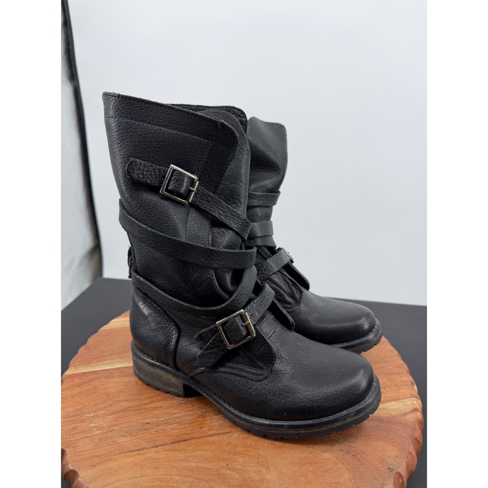 Steve Madden Banddit Combat Boot Women 5.5 Black Leather Multi Strap Buckle Moto